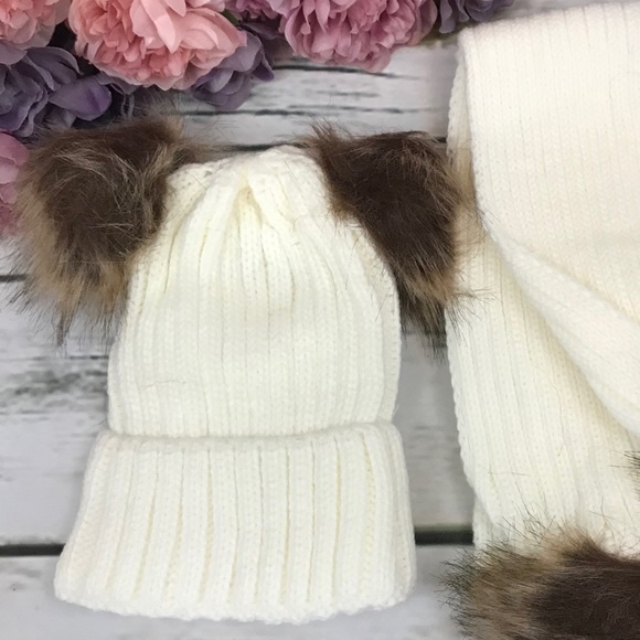 Baby/Toddler White Knit Beanie and Scarf Set with Pom Poms - Picture 12 of 16